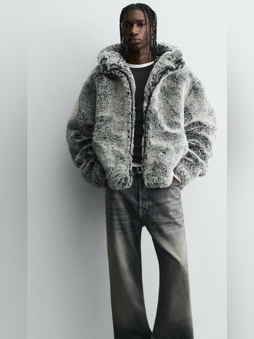 Zara men faux fur hooded jacket
